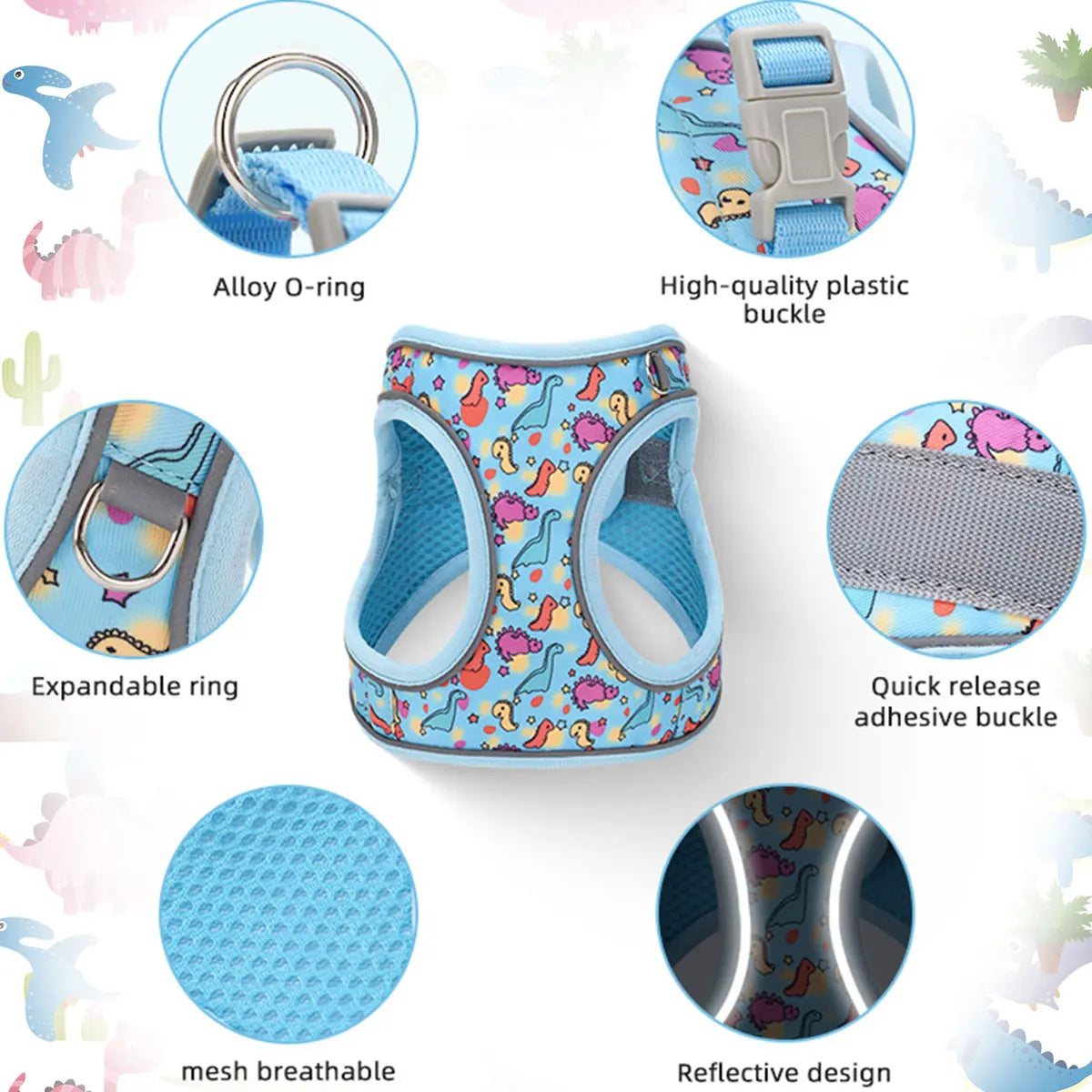 Kit harnais + leash 1,5 m pour chien/chat – Motifs fun, tissu doux, réfléchissant la nuit