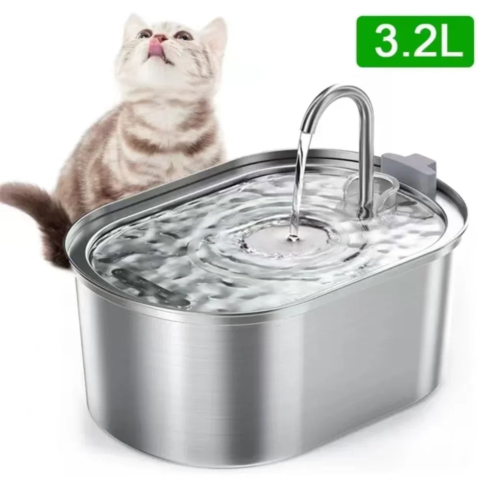 Distributeur d'eau pour chat 3.2L Robinet en acier inoxydable Fontaine d'eau pour animaux de compagnie Buveur d'eau automatique intelligent pour chats avec filtres Capteur de mouvement