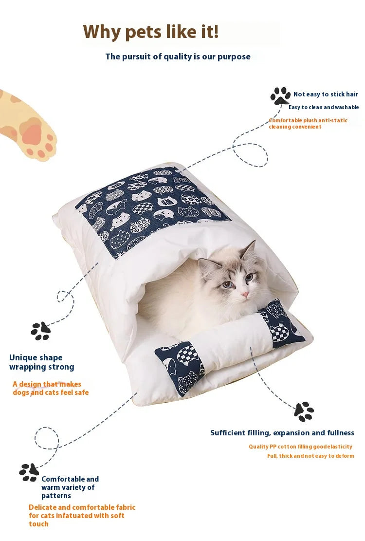 Sac de couchage pour chat de style japonais, lavable, lit pour chat semi-fermé, lit pour chat chaud, maison pour chat d'hiver, lit pour chat