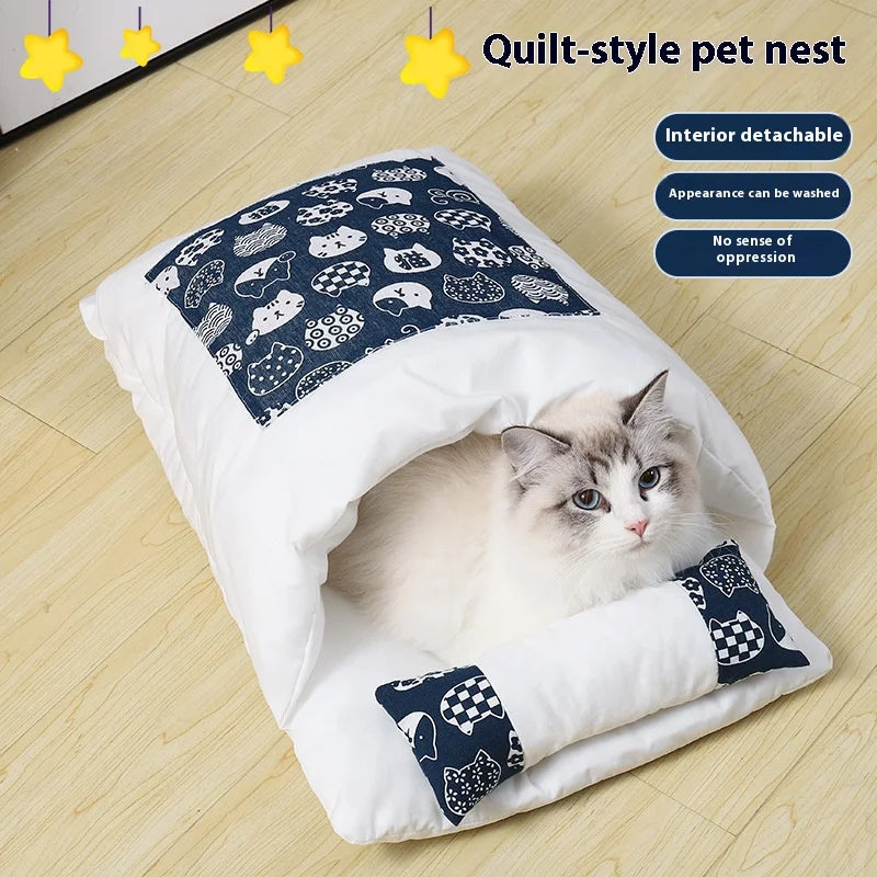 Sac de couchage pour chat de style japonais, lavable, lit pour chat semi-fermé, lit pour chat chaud, maison pour chat d'hiver, lit pour chat