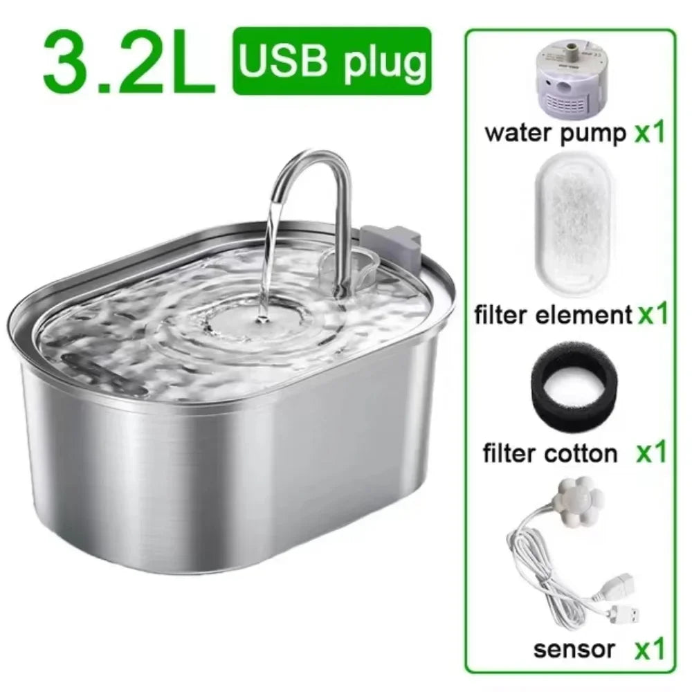 Distributeur d'eau pour chat 3.2L Robinet en acier inoxydable Fontaine d'eau pour animaux de compagnie Buveur d'eau automatique intelligent pour chats avec filtres Capteur de mouvement