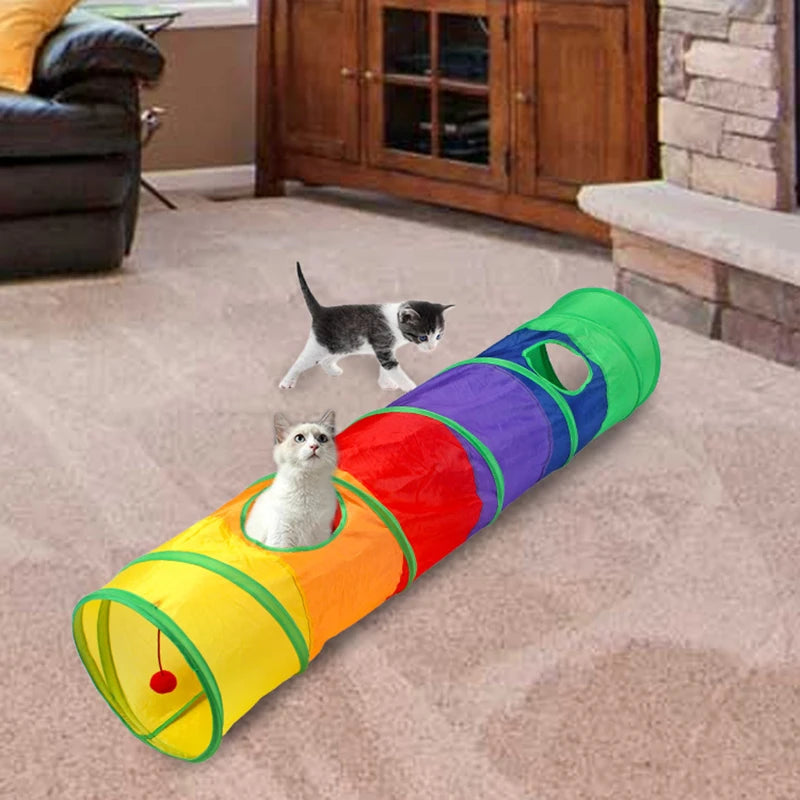 Tunnel interactif arc-en-ciel pour chats – Pliable, avec papier crépitant et jouet balle