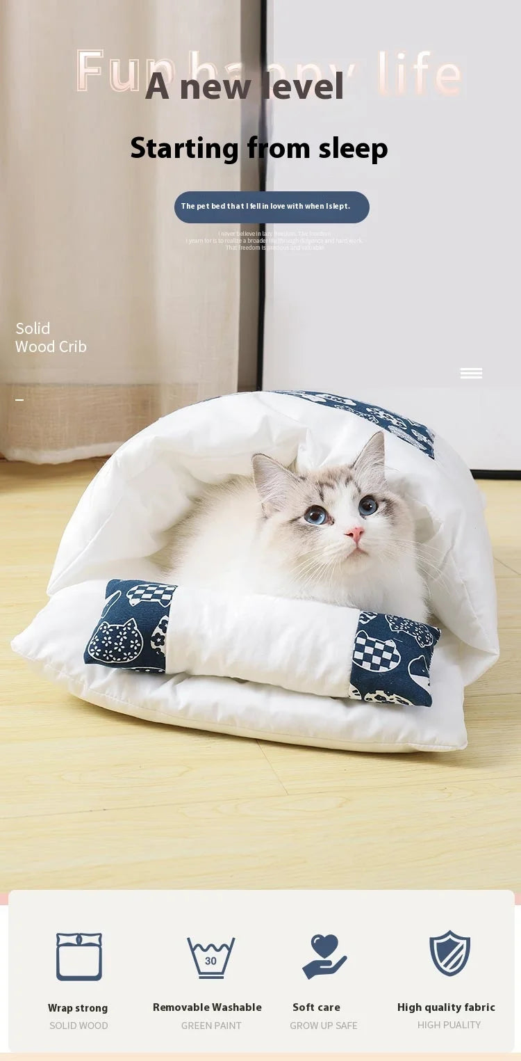 Sac de couchage pour chat de style japonais, lavable, lit pour chat semi-fermé, lit pour chat chaud, maison pour chat d'hiver, lit pour chat