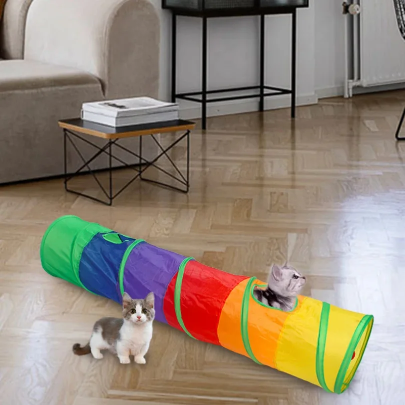 Tunnel interactif arc-en-ciel pour chats – Pliable, avec papier crépitant et jouet balle