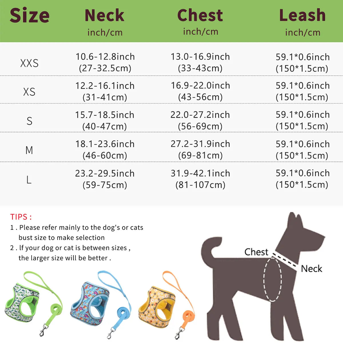 Kit harnais + leash 1,5 m pour chien/chat – Motifs fun, tissu doux, réfléchissant la nuit