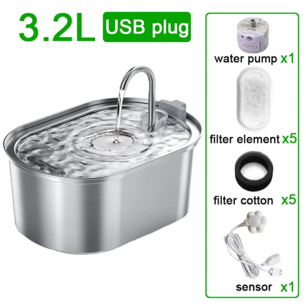 Distributeur d'eau pour chat 3.2L Robinet en acier inoxydable Fontaine d'eau pour animaux de compagnie Buveur d'eau automatique intelligent pour chats avec filtres Capteur de mouvement