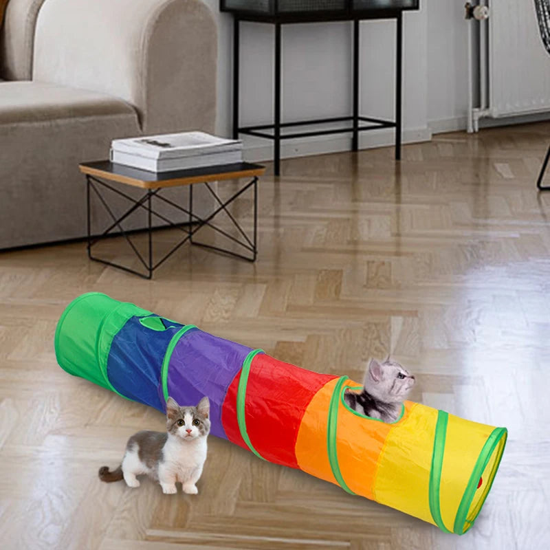 Tunnel interactif arc-en-ciel pour chats – Pliable, avec papier crépitant et jouet balle