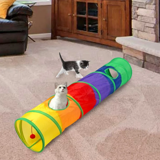Tunnel interactif arc-en-ciel pour chats – Pliable, avec papier crépitant et jouet balle